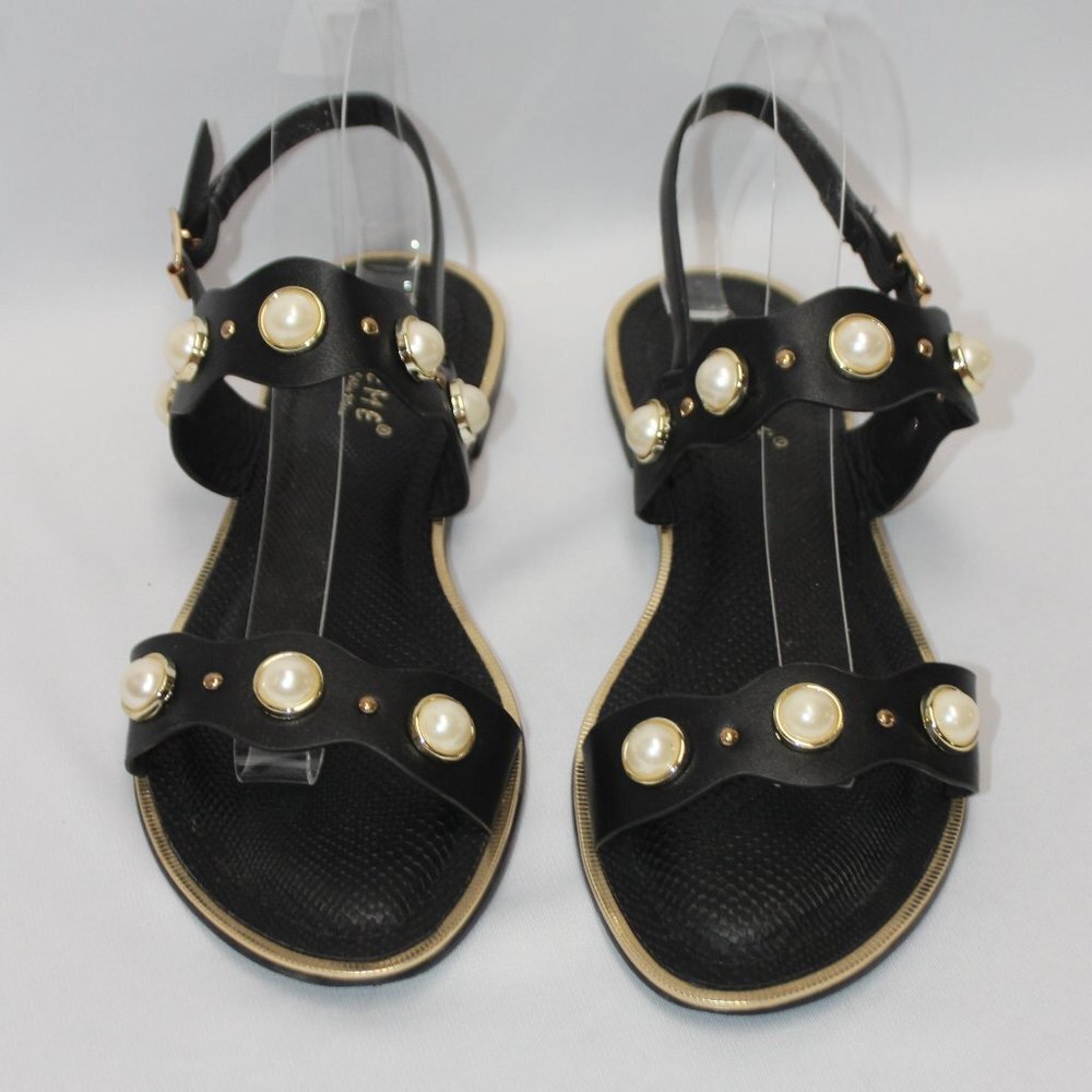 Extreme by Eddie Marc Black Sandals with Golden and Faux Pearl Accents